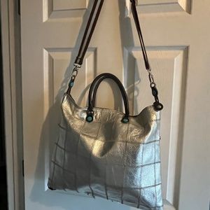 Gabs Italian Convertible Patch Leather Handbag Silver and Brown with Snaps